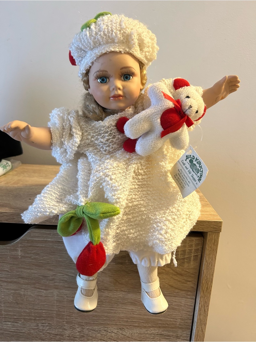 Vintage Porcelain Dressed Doll with Red Bear Accessory with music